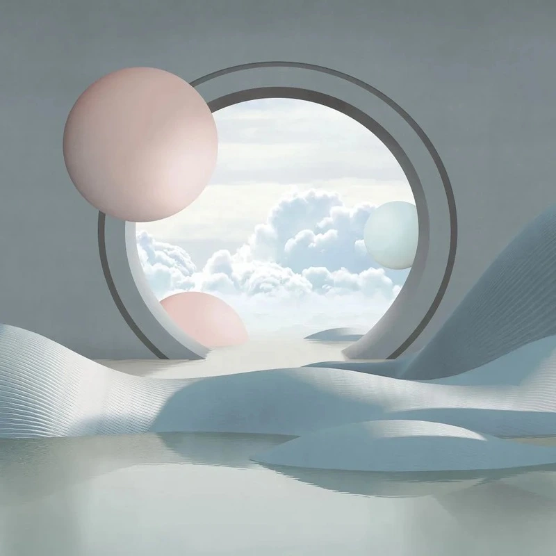 Фотообои и фрески на стену - геометрия, 3Д, иллюминатор, серо-розовая