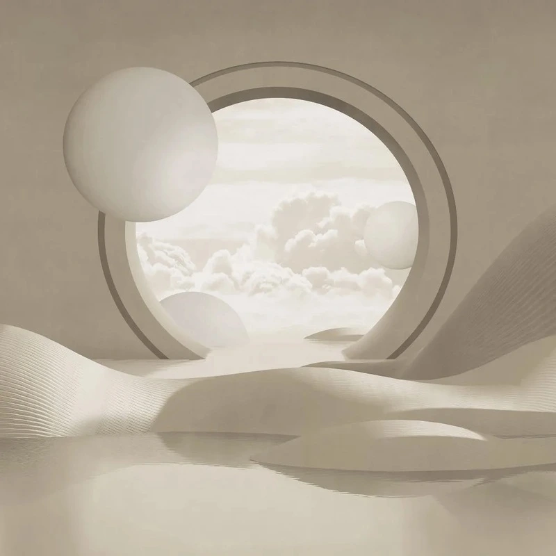 Фотообои и фрески на стену - геометрия, 3Д, иллюминатор, бежевые