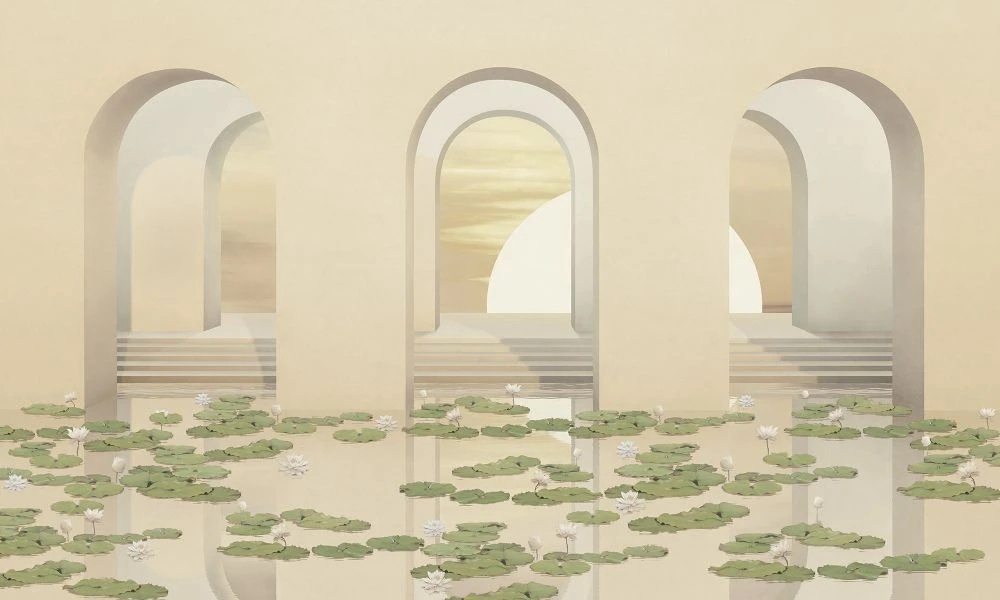 Фотообои и фрески на стену - геометрия, 3Д, арки, кремовая, листья