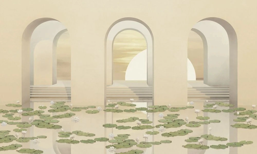 Фотообои на стену - геометрия, 3Д, арки, кремовая, листья