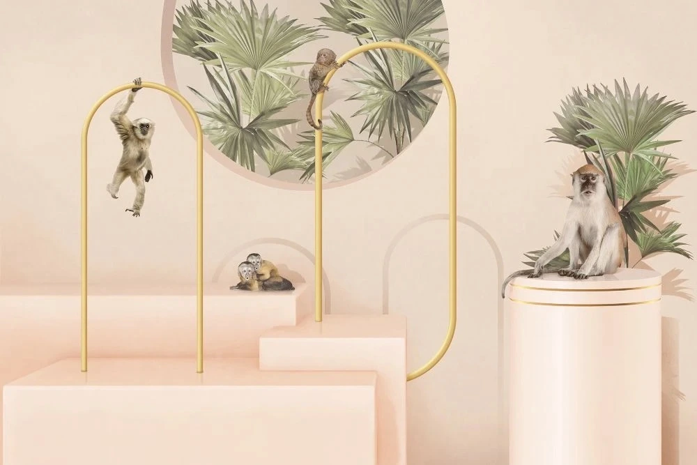 Фотообои на стену - геометрия, 3Д, бежевые, пальмы, обезьянки