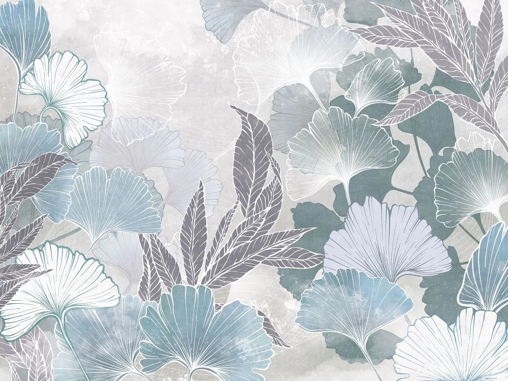 Фотообои и фрески на стену - в детскую комнату, листья, серо-голубая, светло голубая