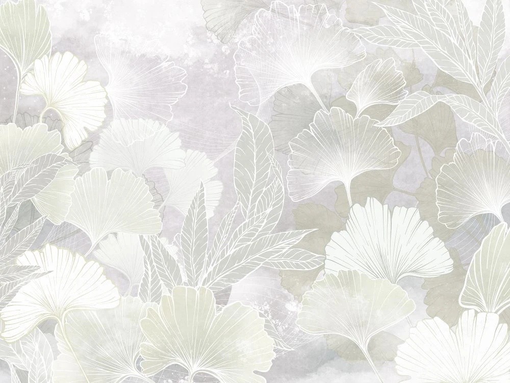 Фотообои и фрески на стену - в детскую комнату, листья, белая, бело-серая