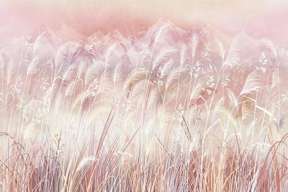 Фотообои и фрески на стену - в загородный дом, поле, колосья, белые, светло розовая