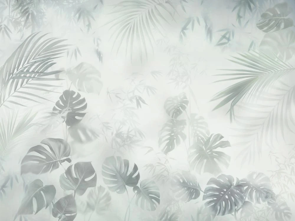 Фотообои и фрески на стену - в загородный дом, тропические листья, светло зеленая