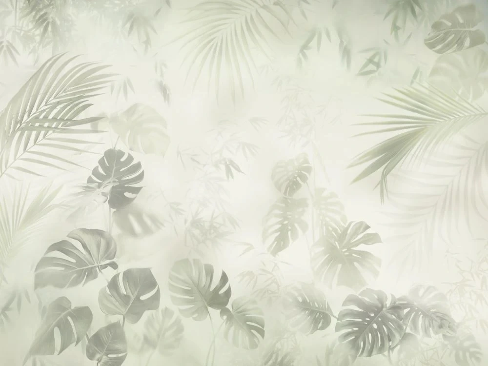 Фотообои и фрески на стену - в загородный дом, тропические листья, светло салатовая