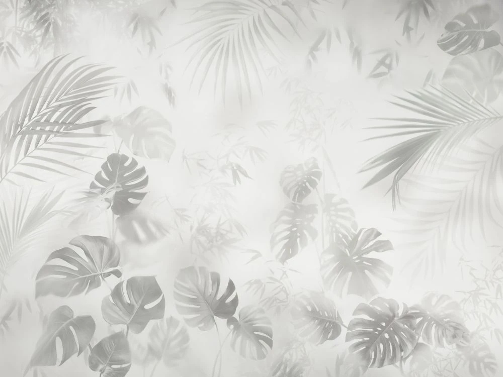 Фотообои и фрески на стену - в загородный дом, тропические листья, зелено-серая