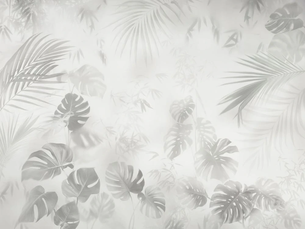 Фотообои на стену - в загородный дом, тропические листья, зелено-серая