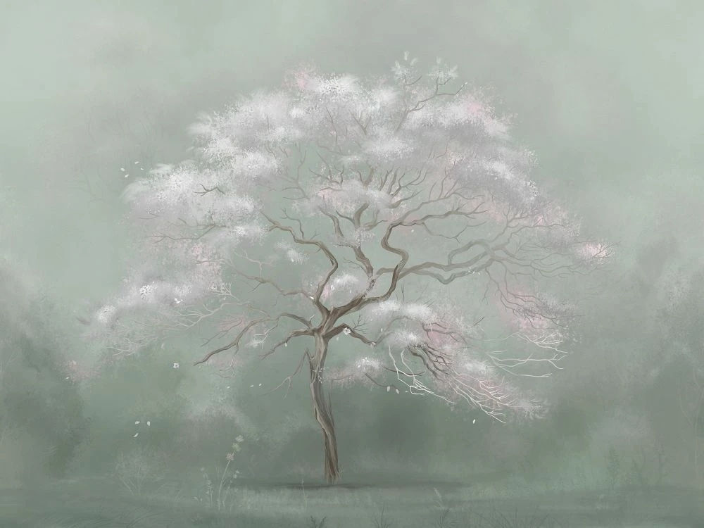 Фотообои и фрески на стену - в загородный дом, дерево, серо-зеленое, белые