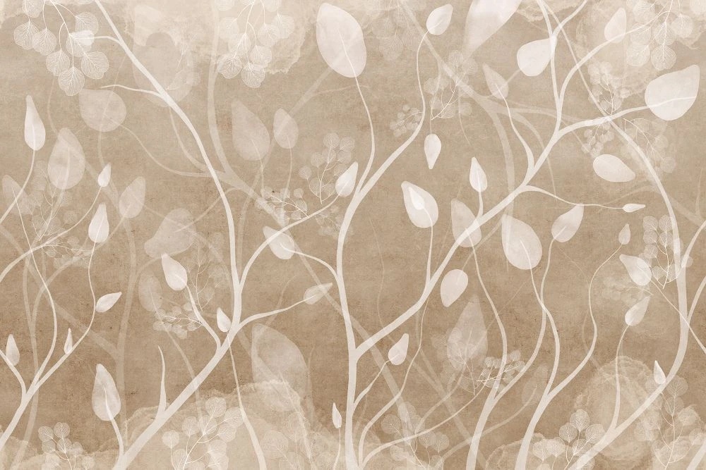 Фотообои и фрески на стену - в детскую комнату, листья, ветки, белые, светло коричневая