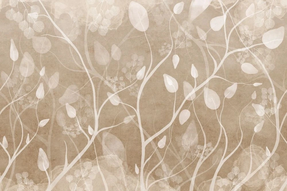 Фотообои и фрески на стену - в детскую комнату, листья, ветки, белые, светло коричневая