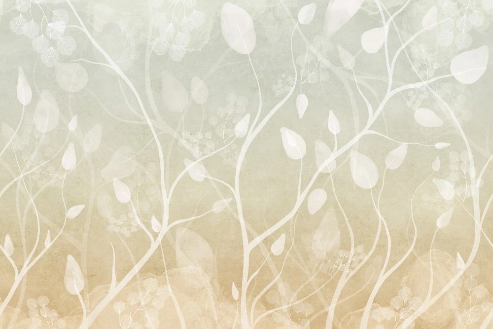 Фотообои и фрески на стену - в детскую комнату, листья, ветки, светло горчичная