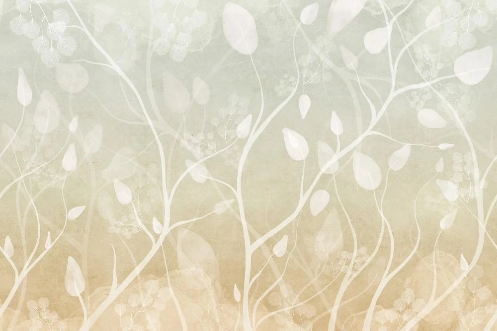 Фотообои и фрески на стену - в детскую комнату, листья, ветки, светло горчичная