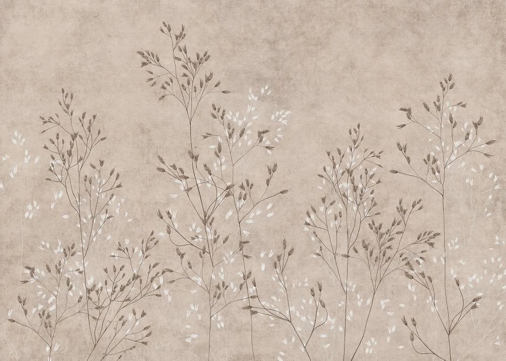 Фотообои и фрески на стену - в загородный дом, бежевые, графика, ветки, трава