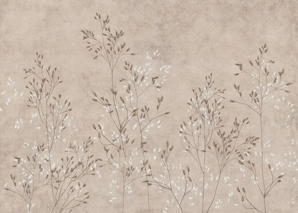 Фотообои и фрески на стену - в загородный дом, бежевые, графика, ветки, трава