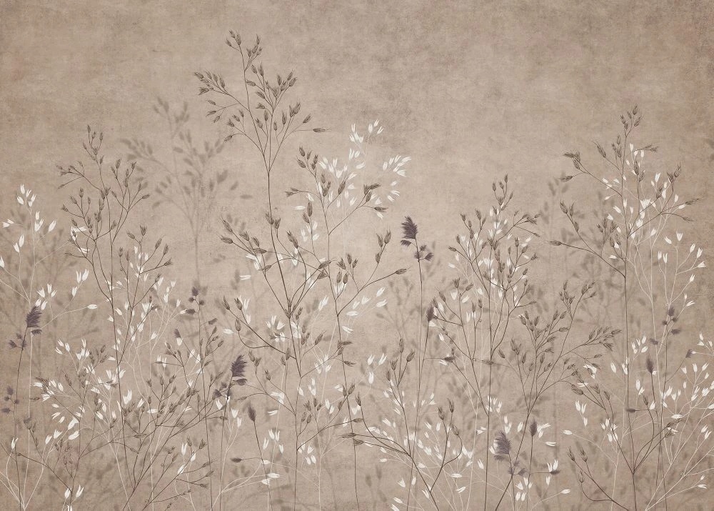 Фотообои и фрески на стену - в загородный дом, светло-коричневая, графика, ветки, трава