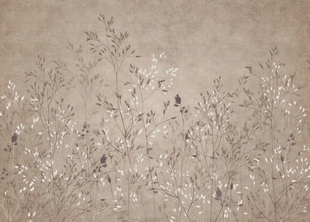 Фотообои и фрески на стену - в загородный дом, светло-коричневая, графика, ветки, трава