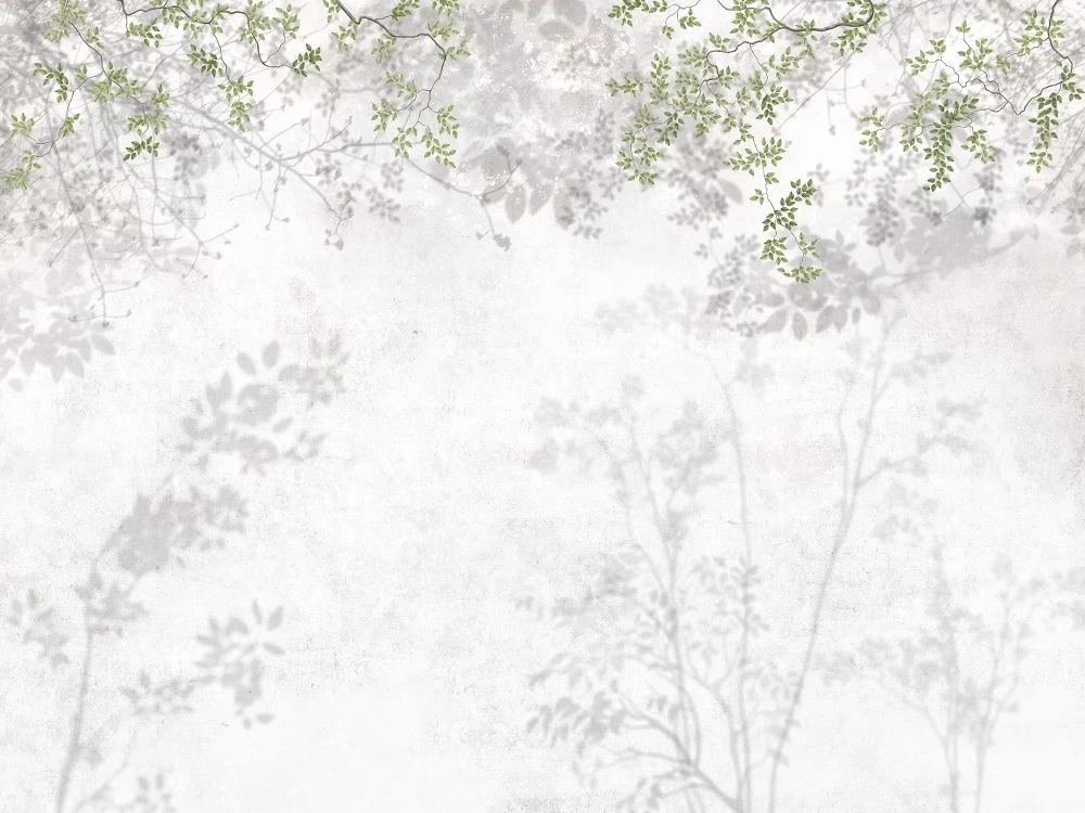 Фотообои и фрески на стену - в спальню, бежевые, ветки, листья, зеленые