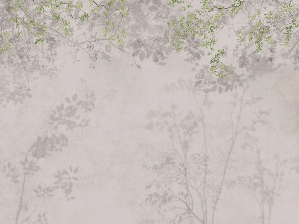 Фотообои и фрески на стену - в спальню, серо-бежевая, ветки, листья, зеленые