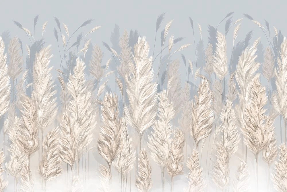 Фотообои и фрески на стену - в спальню, в гостиную, колосья, перья, бежево-голубая