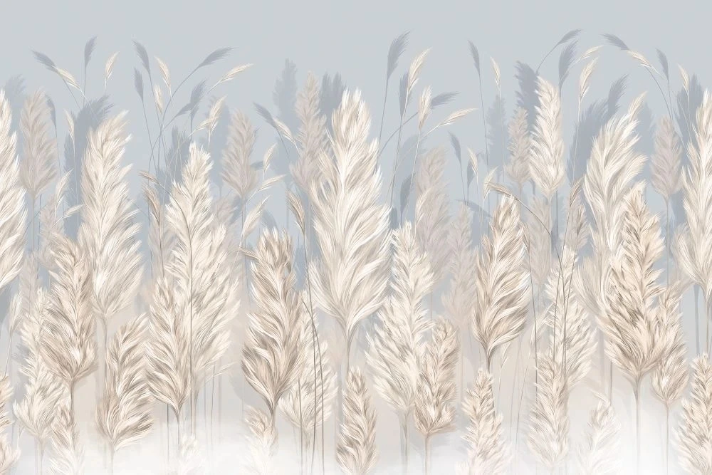 Фотообои и фрески на стену - в спальню, в гостиную, колосья, перья, бежево-голубая