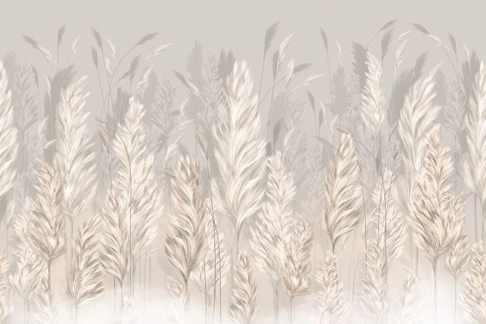 Фотообои и фрески на стену - в спальню, бежевые, колосья, перья, графичные