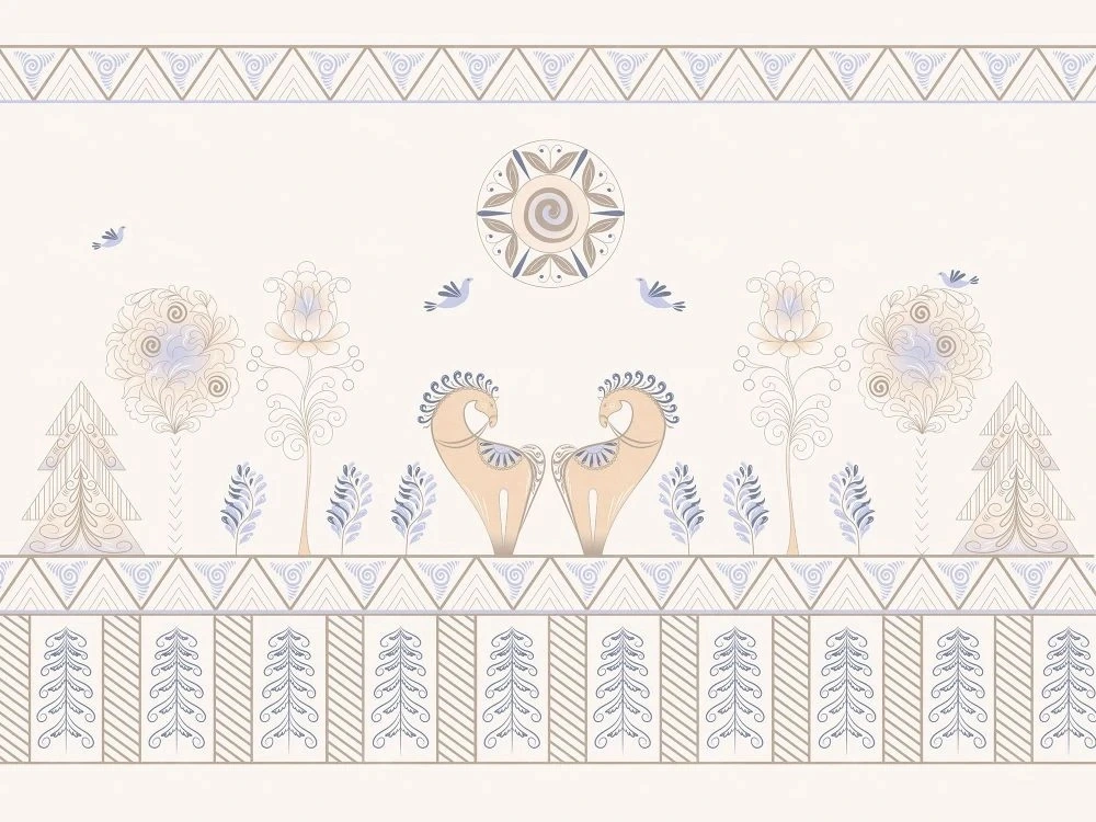 Фотообои и фрески на стену - в детскую комнату, пудровые, лошадки