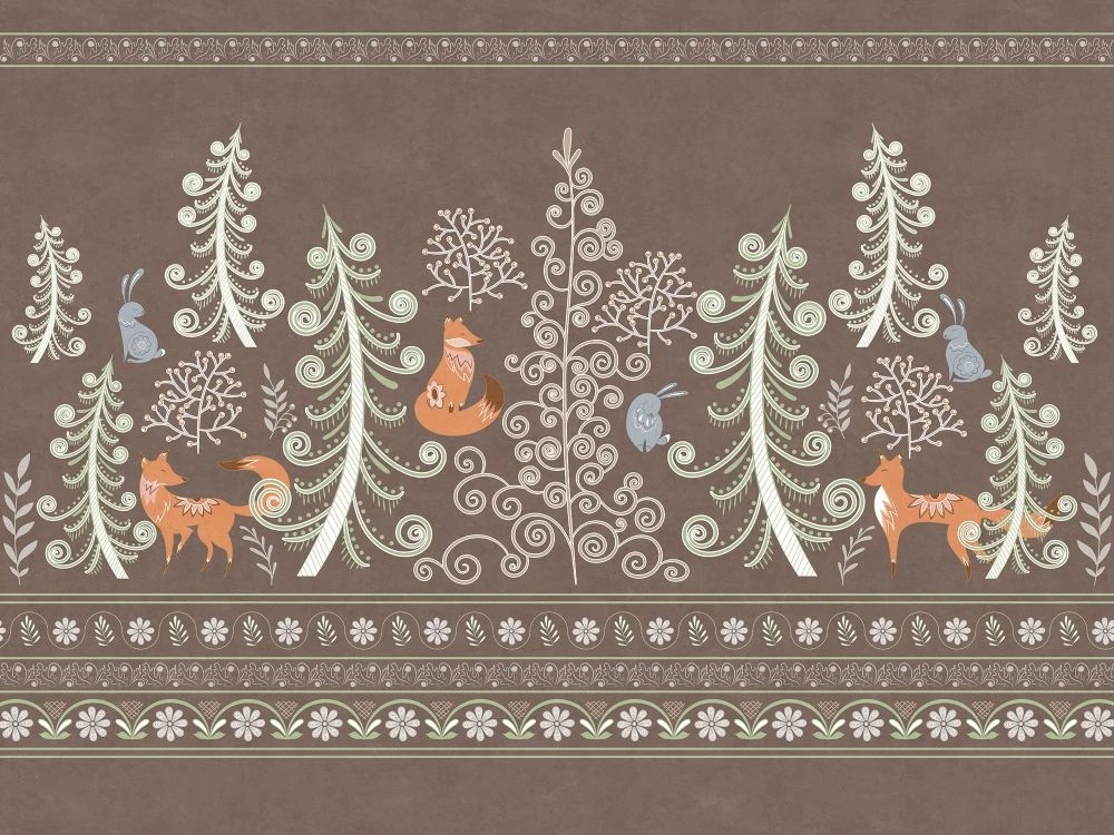 Фотообои и фрески на стену - в детскую комнату, зайчик, лиса, коричневая