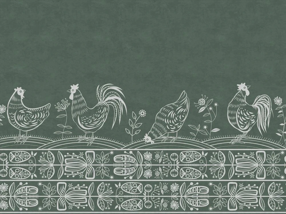 Фотообои на стену - в загородный дом, в детскую комнату, курочки, темно-зеленая