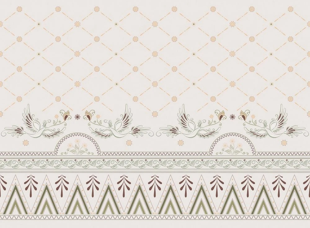 Фотообои и фрески на стену - в загородный дом, птицы, орнамент, бежевые