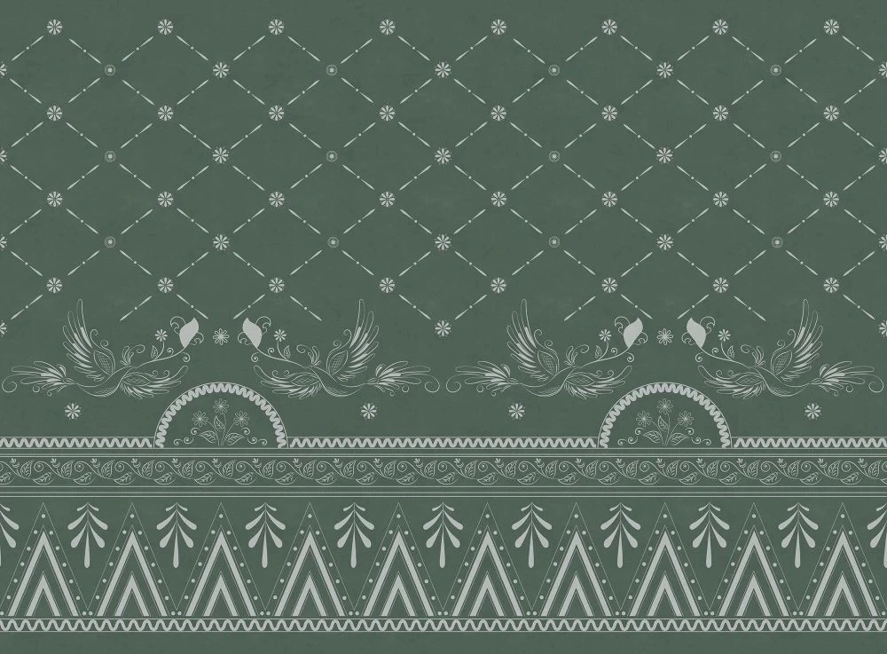 Фотообои и фрески на стену - в загородный дом, птицы, орнамент, темно зеленая