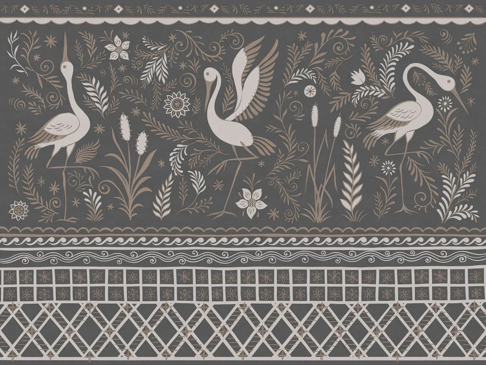 Фотообои и фрески на стену - в детскую комнату, журавли, серо-коричневая