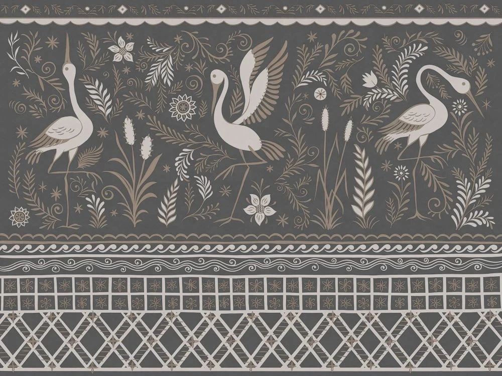 Фотообои и фрески на стену - в детскую комнату, журавли, серо-коричневая