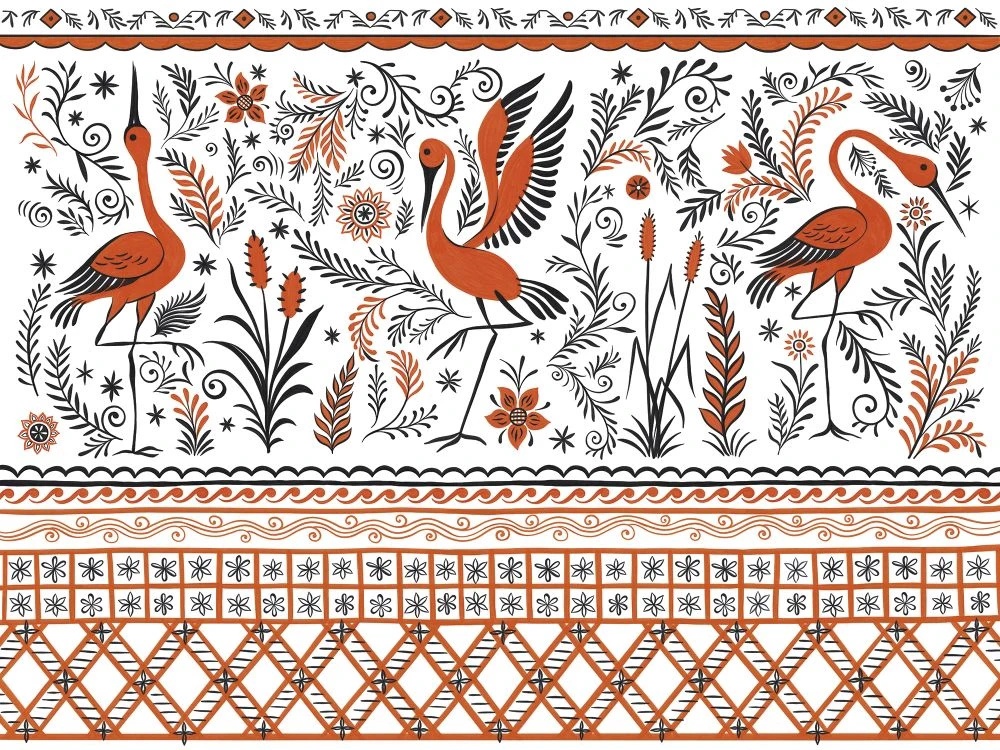 Фотообои и фрески на стену - в детскую комнату, в загородный дом, журавли, красная