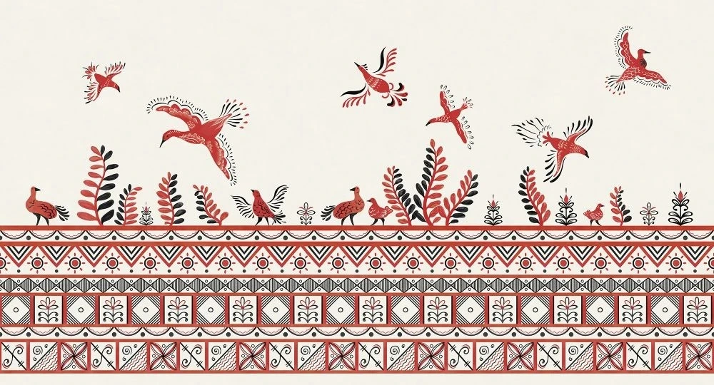 Фотообои и фрески на стену - в загородный дом, птицы, орнамент, красная