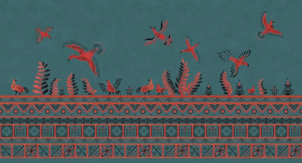 Фотообои и фрески на стену - в загородный дом, птицы, орнамент,  красная, бирюзовая