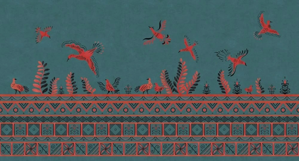 Фотообои и фрески на стену - в загородный дом, птицы, орнамент,  красная, бирюзовая