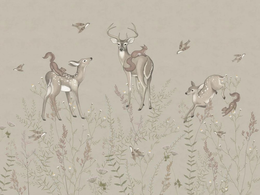 Фотообои и фрески на стену - в детскую комнату, оленята, бежевые, на бежевом фоне
