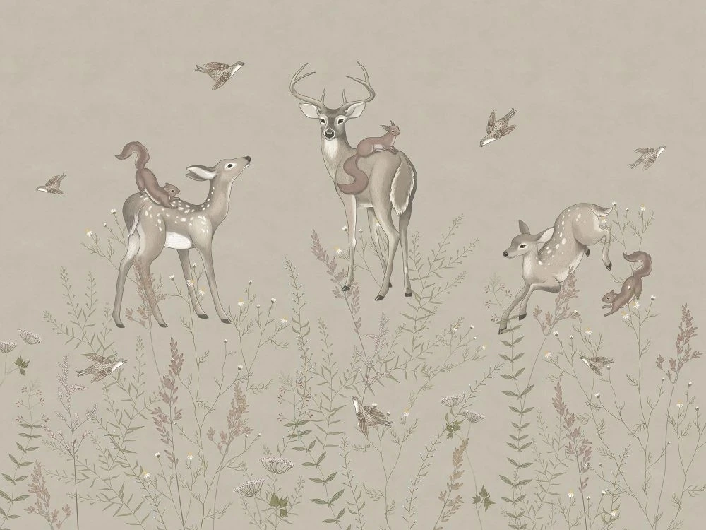Фотообои и фрески на стену - в детскую комнату, оленята, бежевые, на бежевом фоне