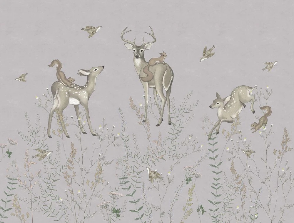 Фотообои и фрески на стену - в детскую комнату, оленята, на серо-бежевом фоне