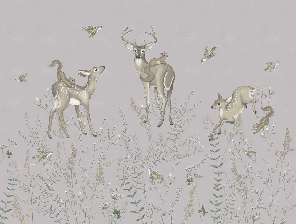 Фотообои и фрески на стену - в детскую комнату, оленята, на серо-бежевом фоне