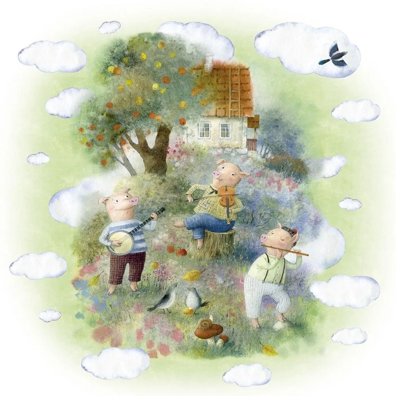 Фотообои и фрески на стену - в детскую комнату, три поросенка, зеленая