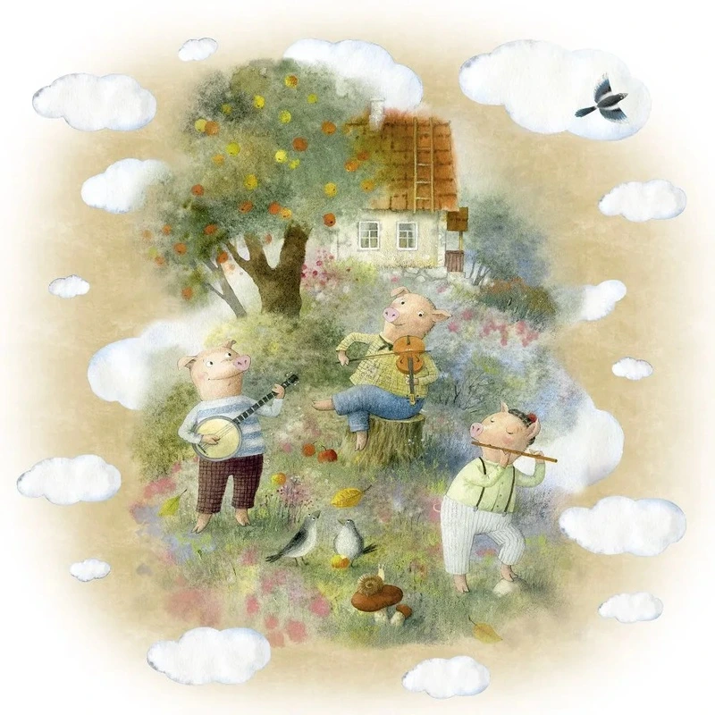 Фотообои на стену - в детскую комнату, три поросенка, бежевая