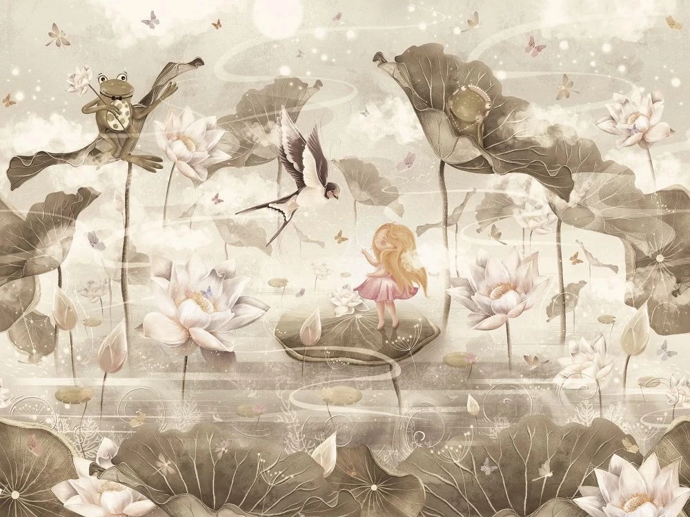 Фотообои и фрески на стену - в детскую комнату, дюймовочка, бежевые