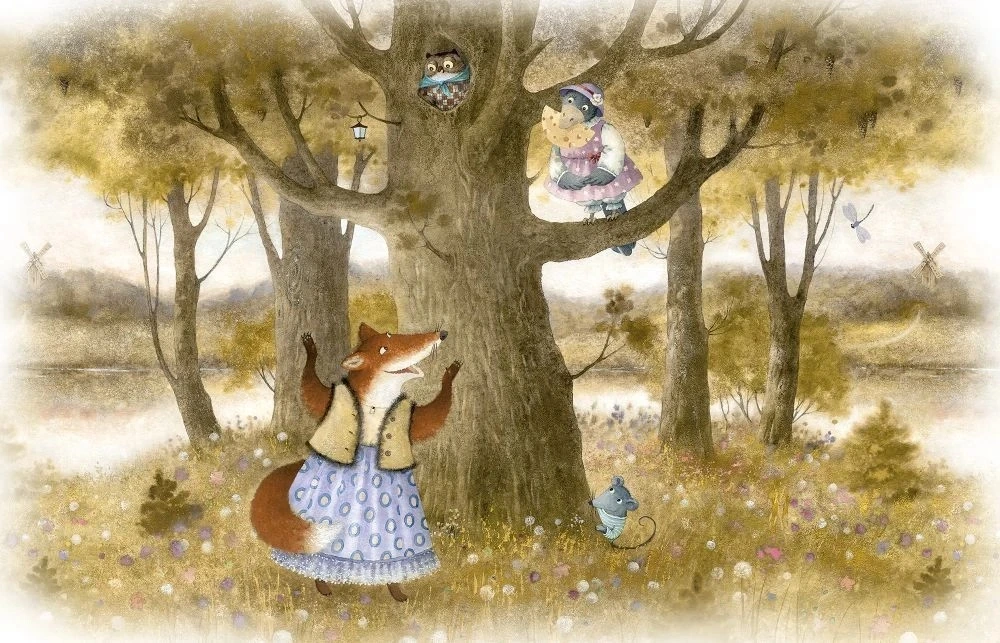 Фотообои и фрески на стену - в детскую комнату, ворона и лисица, коричневая