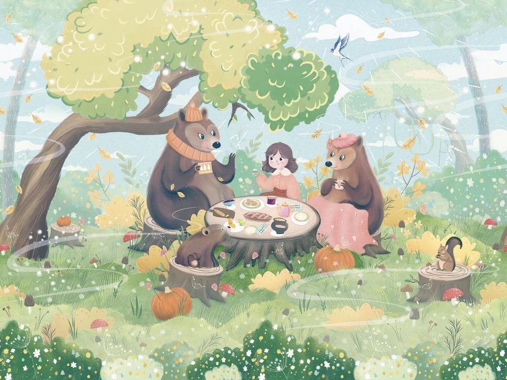 Фотообои и фрески на стену - в детскую комнату, маша и медведи, зеленая