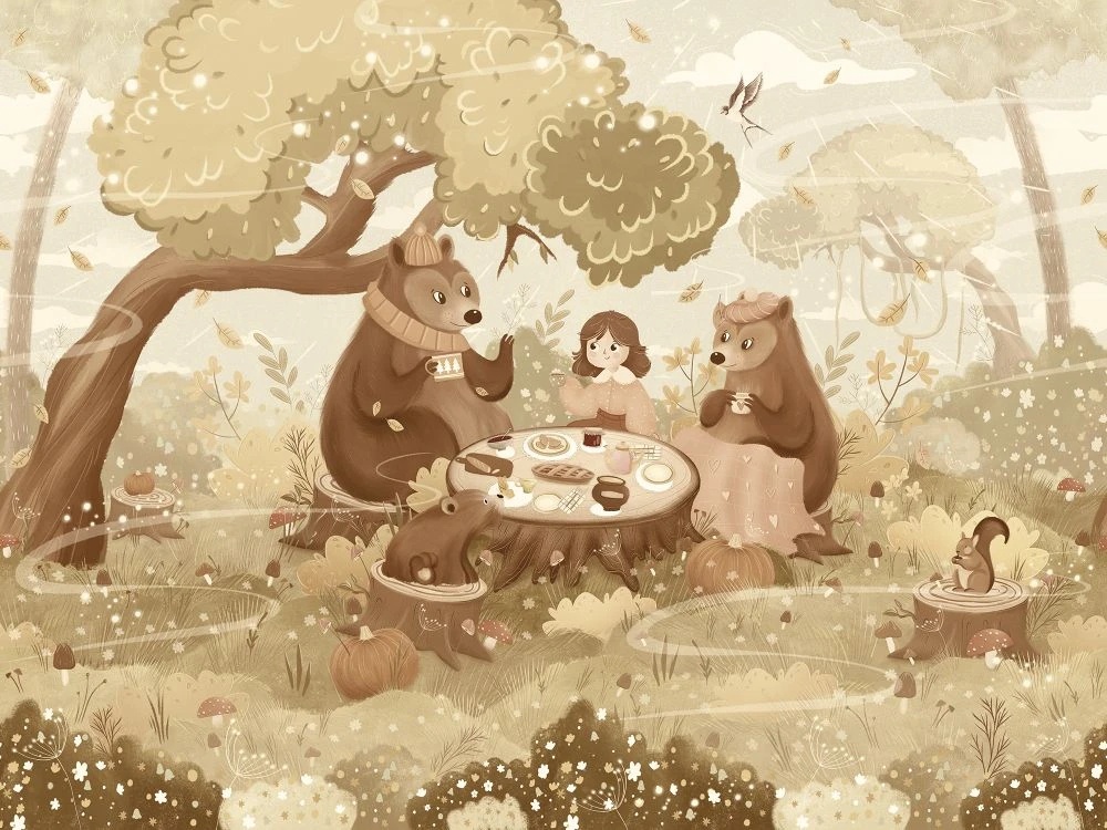 Фотообои и фрески на стену - в детскую комнату, маша и медведи, бежевые