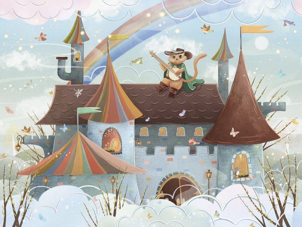 Фотообои на стену - в детскую комнату, кот в сапогах, салатовая