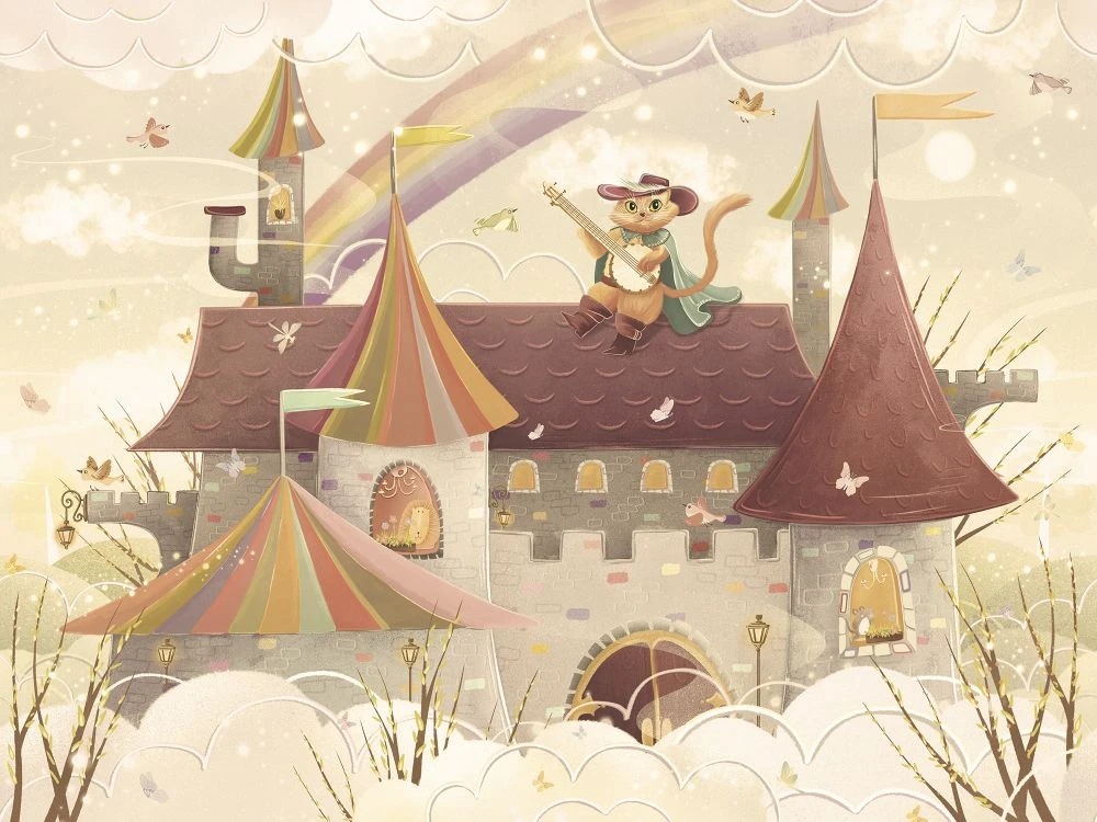 Фотообои на стену - в детскую комнату, кот в сапогах, бежевые