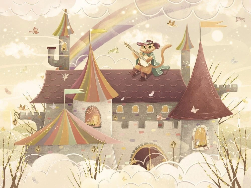 Фотообои и фрески на стену - в детскую комнату, кот в сапогах, бежевые